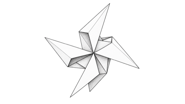 Croquis technique du moulin origami, logo Origami Corp